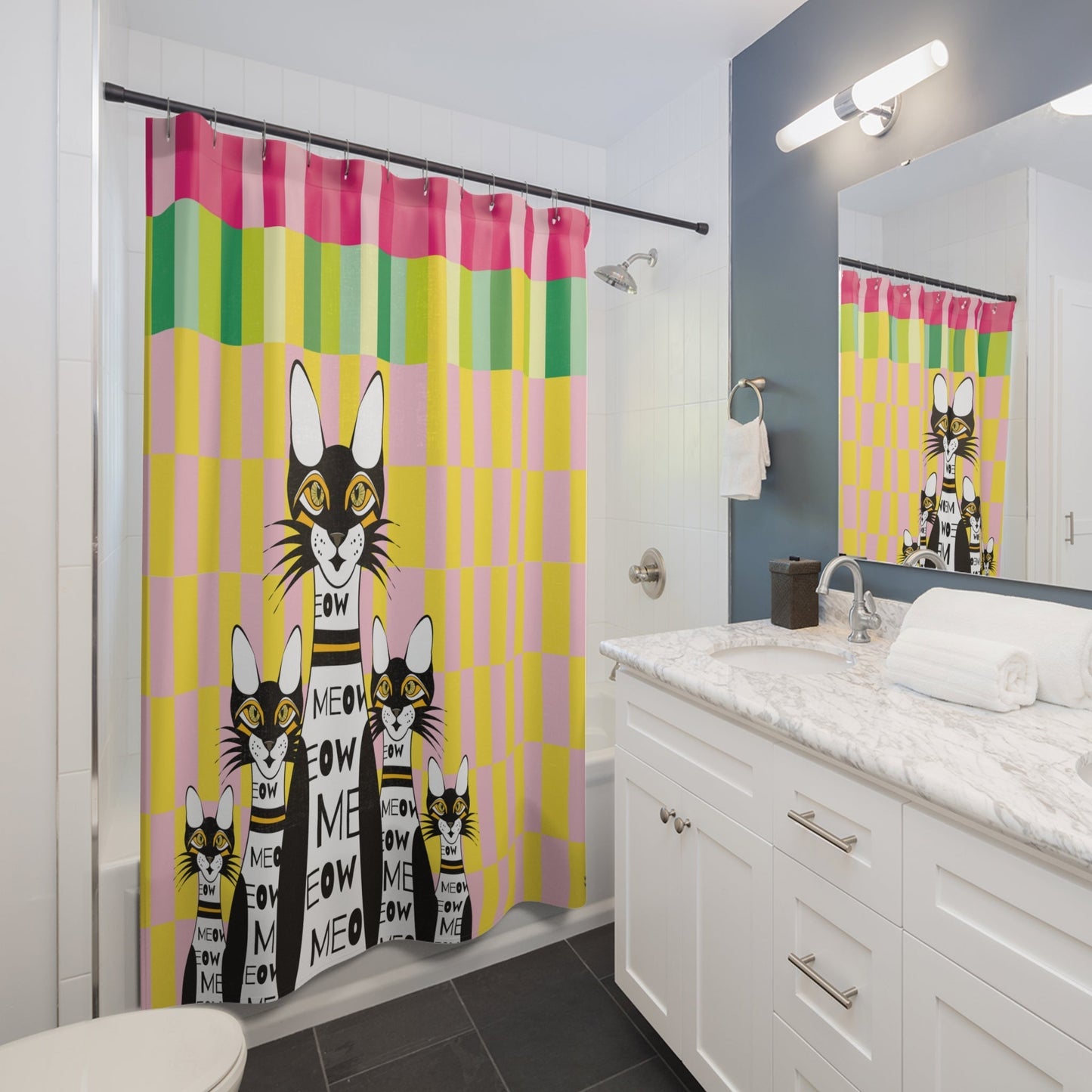 Modern Shower Curtain. Retro Cat Art, Modern Fabric, Unique Shower Curtains, Home Decor, Fun Shower Curtains, Modern Shower Curtains, Retro Bath Decor - WeezWomp