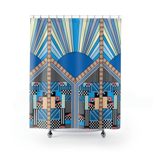 Retro Blue Sunrise Shower Curtain, Stylish Bath Decor, Whimsical Shower Curtains, Modern Shower Curtains, Fun Shower Curtains - WeezWomp