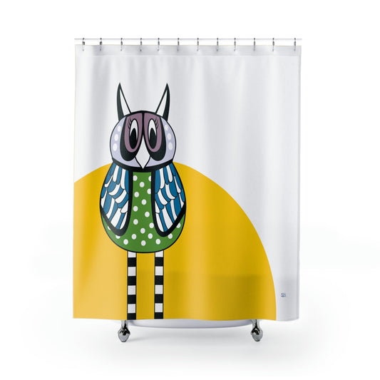 Retro Owl Shower Curtain in Yellow, Stylish Bath Decor, Whimsical Shower Curtains, Modern Shower Curtains, Fun Shower Curtains - WeezWomp