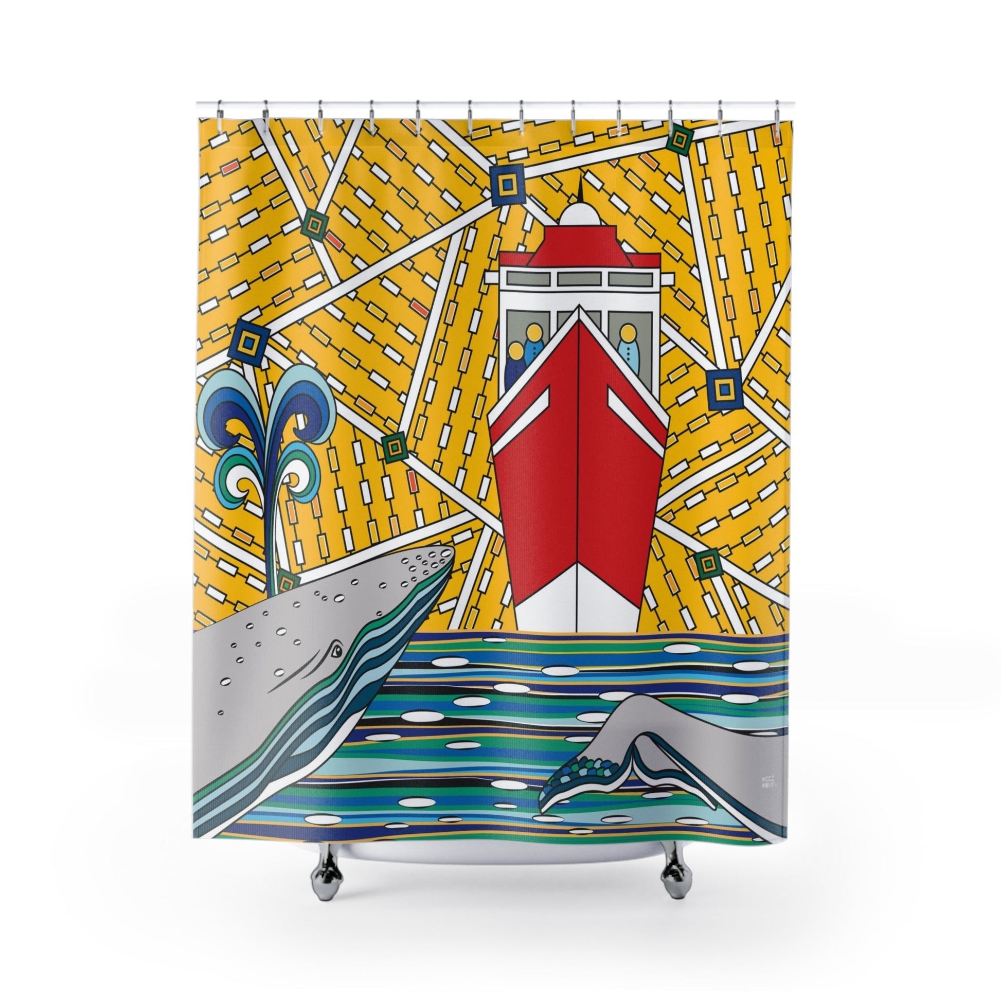 Watching Whales Nautical Shower Curtain, Stylish Bath Decor, Whimsical Shower Curtains, Modern Shower Curtains, Fun Shower Curtains - WeezWomp